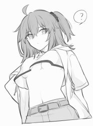 Rule 34 | 1girl, ?, ahoge, breasts, commentary request, crop top, crop top overhang, double-parted bangs, fate/grand order, fate (series), fujimaru ritsuka (female), fujimaru ritsuka (female) (summer street), greyscale, hair between eyes, hair ornament, hair scrunchie, highres, jacket, looking at viewer, medium breasts, medium hair, monochrome, open clothes, open jacket, scrunchie, short sleeves, side ponytail, solo, speech bubble, spoken question mark, underboob, yukihara sbgd