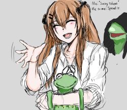 Rule 34 | arm hug, black ribbon, brown hair, closed eyes, english text, girls&#039; frontline, grey background, hair between eyes, hair ornament, hair ribbon, hairclip, hood, hood over eyes, hood up, kermit the frog, long hair, long sleeves, masso nullbuilt, meme, muppets, neck ribbon, open mouth, ribbon, scar, scar across eye, shirt, simple background, sleeves rolled up, smile, twintails, ump9 (girls&#039; frontline), upper body, waving, white shirt