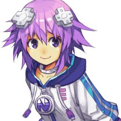 Rule 34 | 1girl, choujigen game neptune, closed mouth, collar, commentary request, d-pad, d-pad hair ornament, hair ornament, hood, hood down, hoodie, hungry clicker, looking at viewer, neptune (neptunia), neptune (series), purple eyes, purple hair, short hair, simple background, smile, solo, upper body, white background