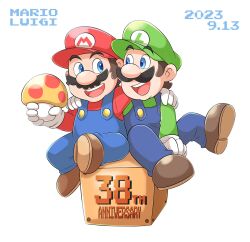 Rule 34 | 2boys, anniversary, aogaeru (pixiv46613656), block (object), blue eyes, brothers, brown hair, facial hair, full body, gloves, hat, highres, laughing, looking at another, luigi, male focus, mario, mario (series), multiple boys, mustache, nintendo, open mouth, overalls, siblings, sitting, super mario bros. 1, super mushroom