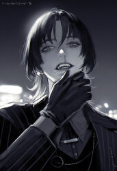 Rule 34 | 1girl, androgynous, artist name, blood, blurry, bokeh, collared shirt, curtained hair, depth of field, earrings, eyelashes, gloves, hand up, highres, hiodoshi ao, hololive, hololive dev is, jacket, jewelry, long sleeves, looking at viewer, mole, mole under mouth, monochrome, nosebleed, parted lips, shirt, short hair, smile, solo, striped clothes, striped jacket, tomatoketchup96, virtual youtuber