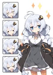 Rule 34 | &gt; &lt;, 1girl, :d, :q, :t, antenna hair, black jacket, blue eyes, braid, breasts, closed eyes, closed mouth, commentary request, dress, drooling, expressions, grey dress, hair between eyes, hair ornament, hand up, headset, highres, jacket, kizuna akari, large breasts, long hair, low twintails, medium breasts, milkpanda, mouth hold, o o, open clothes, open jacket, open mouth, orange pantyhose, pantyhose, parted lips, puffy short sleeves, puffy sleeves, shirt, short sleeves, sidelocks, silver hair, sleeveless, sleeveless dress, sleeves past wrists, smile, star (symbol), striped clothes, striped legwear, striped pantyhose, tongue, tongue out, twin braids, twintails, vertical-striped clothes, vertical-striped pantyhose, very long hair, voiceroid, wavy mouth, white shirt, xd