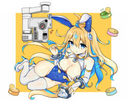Rule 34 | 1girl, ahoge, alternate breast size, animal ears, bare shoulders, blonde hair, blue eyes, blue hair, blue leotard, border, bracelet, breasts, can, cleavage, closed mouth, colored inner hair, commentary request, ear covers, elbow gloves, gloves, gradient hair, hair between eyes, hair ornament, high heels, highres, holding, holding spoon, horse ears, horse girl, horse tail, jewelry, leotard, light blush, long hair, looking at viewer, lying, medium breasts, multicolored hair, neo universe (umamusume), nontraditional playboy bunny, on side, simple background, solo, spoon, strapless, strapless leotard, streaked hair, tail, thighhighs, umamusume, white border, white footwear, white thighhighs, yellow background, yingjian