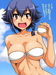 Rule 34 | 1girl, bikini, blue hair, blush, bouncing breasts, braid, breasts, brown eyes, cleavage, collarbone, girls und panzer, large breasts, looking at viewer, oosaka kanagawa, open mouth, outdoors, pepperoni (girls und panzer), shiny skin, short hair, sky, smile, solo, swimsuit, translation request, upper body, white bikini