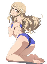 Rule 34 | 1girl, ass, barefoot, bikini, blonde hair, blue bikini, blunt bangs, commentary request, covering chest, covering privates, feet, from side, full body, glasses, hands up, kneeling, long hair, looking at viewer, nanashino, perrine h. clostermann, simple background, smile, soles, solo, strike witches, swimsuit, thighs, toes, white background, world witches series, yellow eyes
