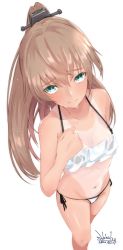 Rule 34 | 1girl, alakoala, bikini, brown hair, commentary request, from above, green eyes, highres, kantai collection, kumano (kancolle), long hair, looking at viewer, one-piece tan, ponytail, side-tie bikini bottom, signature, simple background, solo, standing, swimsuit, tan, tanline, wet, wet clothes, wet swimsuit, white background, white bikini