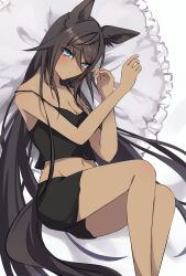 Rule 34 | 1girl, absurdres, alternate costume, animal ears, bare shoulders, bed, black hair, black shorts, black tank top, blue eyes, blush, breasts, cleavage, closed mouth, commentary request, dark-skinned female, dark skin, feet out of frame, hair between eyes, highres, horse ears, horse girl, horse tail, long hair, looking at viewer, lying, medium breasts, on bed, on side, pillow, ponytail, shorts, simple background, solo, strap slip, symboli kris s (umamusume), tail, tank top, toriumi (fioripera14), umamusume, very long hair, white background