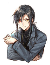 Rule 34 | 1boy, black hair, black shirt, closed mouth, grey jacket, heterochromia, holding, jacket, jewelry, kangetsu (fhalei), light smile, long hair, long sleeves, looking at viewer, male focus, necklace, original, shirt, simple background, solo, upper body, white background