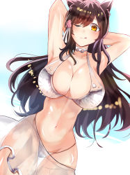 Rule 34 | 1girl, absurdres, animal ears, arms behind head, atago (azur lane), atago (summer march) (azur lane), azur lane, bad id, bad pixiv id, bikini, black hair, blue sky, bow, breasts, brown eyes, cleavage, closed mouth, commentary request, cowboy shot, dutch angle, extra ears, flower, hair flower, hair ornament, highres, large breasts, mole, mole under eye, navel, one eye closed, outdoors, ribbon, skirt, sky, swept bangs, swimsuit, tongue, tongue out, tub, white bikini, white bow, white ribbon