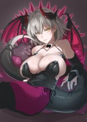 Rule 34 | 1girl, ahoge, alternate breast size, alternate costume, bare shoulders, black gloves, black leotard, breasts, bridal gauntlets, chain, cleavage, collarbone, commentary request, detached collar, dragon girl, dragon horns, dragon tail, dragon wings, elbow gloves, fate/grand order, fate (series), fingernails, fishnet pantyhose, fishnets, gloves, grey hair, hair between eyes, highres, horns, huge breasts, jeanne d&#039;arc alter (fate), leotard, looking at viewer, pantyhose, parted lips, pink lips, purple nails, purple pantyhose, ri o ne su, short hair, sitting, solo, strapless, strapless leotard, tail, wings, yellow eyes