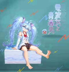 Rule 34 | 10s, 1girl, antenna hair, bad id, bad pixiv id, bare shoulders, barefoot, blue background, blue eyes, blue hair, bow, copyright name, denpa onna to seishun otoko, feet, hair bow, legs, light particles, lightning bolt symbol, long hair, looking at viewer, matching hair/eyes, midriff, migel futoshi, navel, off shoulder, pixel art, school uniform, sitting, skirt, smile, solo, touwa erio, twintails, very long hair