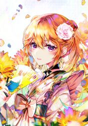 Rule 34 | 1girl, bow choker, earrings, flower, hair flower, hair ornament, hand fan, holding, holding fan, hololive, hololive english, japanese clothes, jewelry, kimono, looking at viewer, official alternate costume, orange hair, purple eyes, smile, solo, sowon, takanashi kiara, virtual youtuber
