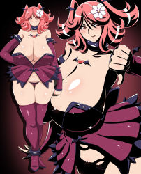 Rule 34 | 1girl, bare shoulders, breasts, cleavage, collar, collarbone, curvy, detached sleeves, female focus, flower, gigantic breasts, gradient background, hair ornament, heart, highres, looking at viewer, maebari, miniskirt, original, red eyes, red hair, sagging breasts, shiny skin, simple background, skirt, smile, solo, standing, thigh gap, thighhighs, twintails, wide hips, yukimaru (gojo)