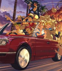 Rule 34 | 2girls, 5boys, antlers, armband, bandana, black hair, black jacket, black legwear, blonde hair, blue shirt, blue sky, bone, breasts, car, cat, cigarette, cleavage, closed mouth, cloud, cloudy sky, collared shirt, contemporary, convertible, crown, crying, driving, eating, explosion, facial scar, food, formal, goggles, goggles on head, green hair, hand on own cheek, hand on own chin, hand on own face, hat, head rest, horns, jacket, lips, long nose, looking afar, looking to the side, m1 bazooka, meat, medium breasts, medium hair, middle finger, miniskirt, moneybag, monkey d. luffy, motor vehicle, mouth hold, multiple boys, multiple girls, nami (one piece), nico robin, one piece, open mouth, orange eyes, orange hair, out of frame, outdoors, palm tree, partially unzipped, pink-tinted eyewear, pointing, red headwear, red shirt, rocket launcher, roronoa zoro, runa (nori31291404), sanji (one piece), scar, scar on cheek, scar on face, sharp teeth, shirt, short hair, shouting, sitting, skirt, sky, sleeveless, sleeveless shirt, smile, speed lines, steering wheel, stitches, striped clothes, striped shirt, suit, sunglasses, sweatdrop, t-shirt, teeth, thighhighs, tinted eyewear, tongue, tongue out, tony tony chopper, tree, trembling, two-tone shirt, usopp, vehicle focus, waving, weapon, white shirt, wind