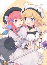 Rule 34 | 2girls, absurdres, alice in cradle, animal ear headwear, black bow, black collar, black headwear, blonde hair, blue eyes, blush, borrowed character, bow, chinese commentary, collar, commentary request, cowboy shot, crescent, crescent hair ornament, detached collar, dress, fake animal ears, frilled dress, frills, gloves, grey dress, hair ornament, hat, hat bow, highres, hug, hug from behind, kareki, long sleeves, looking at another, multiple girls, noelle (alice in cradle), one eye closed, open mouth, outstretched hand, pointy ears, puffy long sleeves, puffy short sleeves, puffy sleeves, red eyes, red hair, short sleeves, sparkle, star (symbol), star in eye, symbol in eye, teeth, upper teeth only, wand, wavy mouth, white gloves, white headwear
