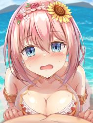 Rule 34 | 1girl, blue eyes, blush, braid, breasts, cleavage, flower, flower ornament, hair between eyes, hair flower, hair ornament, highres, i tamima, large breasts, looking at viewer, ocean, open mouth, outdoors, pink hair, pov, princess connect!, short hair, solo focus, sunflower, sunflower hair ornament, sweat, yui (princess connect!), yui (summer) (princess connect!)