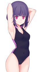 Rule 34 | 1girl, armpits, arms behind head, arms up, bare shoulders, black one-piece swimsuit, breasts, casual one-piece swimsuit, closed mouth, collarbone, commentary request, copyright request, covered navel, cowboy shot, groin, highres, jilu, looking at viewer, medium breasts, one-piece swimsuit, purple hair, red eyes, simple background, smile, solo, standing, swimsuit, white background