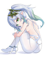 Rule 34 | 1girl, absurdres, alternate costume, ass, azur lane, bare back, black0322, breasts, commentary request, cosplay, fake tail, genshin impact, gradient hair, green eyes, grey hair, hair between eyes, hair ornament, head tilt, high heels, highres, hugging own legs, knees to chest, le malin (azur lane), le malin (listless lapin) (azur lane), le malin (listless lapin) (azur lane) (cosplay), leotard, long hair, looking at viewer, medium breasts, multicolored hair, nahida (genshin impact), pantyhose, playboy bunny, pointy ears, rabbit tail, side ponytail, sideboob, sidelocks, simple background, sleeveless, solo, symbol-shaped pupils, tail, white background, white pantyhose