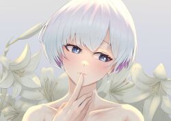 Rule 34 | + +, 1girl, 403 oekaki suke, absurdres, blue eyes, closed mouth, colored inner hair, earrings, finger to mouth, flower, goddess of victory: nikke, highres, jewelry, light blush, liliweiss (nikke), lily (flower), looking to the side, multicolored hair, nude, pink hair, short hair, solo, star-shaped pupils, star (symbol), symbol-shaped pupils, upper body, white hair