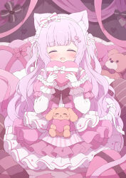Rule 34 | 1girl, :d, animal ear fluff, animal ears, blush, box, box of chocolates, cat ears, cat girl, cat tail, closed eyes, commentary, dress, facing viewer, fang, hair ornament, heart, heart-shaped box, heart hair ornament, highres, long hair, long sleeves, open mouth, original, pink dress, pink hair, pink theme, skin fang, smile, solo, straight-on, stuffed animal, stuffed toy, symbol-only commentary, tail, teddy bear, tyakomes, valentine, very long hair