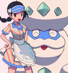 Rule 34 | 1girl, :d, apron, black hair, blue headwear, brown eyes, candice (palentine&#039;s 2024) (pokemon), candice (pokemon), commentary request, creatures (company), dress, eyelashes, galarian darmanitan, galarian form, game freak, gen 8 pokemon, grey background, hands on own hips, highres, long hair, multi-tied hair, nintendo, official alternate costume, open mouth, pokemon, pokemon (creature), pokemon masters ex, short sleeves, smile, twintails, tyako 089, visor cap, waist apron, white apron