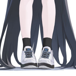 Rule 34 | 1girl, aris (blue archive), black hair, black socks, blue archive, chinese commentary, close-up, commentary, cross-laced footwear, facing viewer, footwear focus, highres, legs, long hair, making-of available, shadow, shoelaces, shoes, simple background, sneakers, socks, solo, very long hair, white background, white footwear