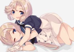 Rule 34 | 2girls, absurdres, black neckwear, blonde hair, blue eyes, blue sailor collar, buttons, dress, girl on top, gloves, highres, janus (kancolle), jervis (kancolle), kantai collection, long hair, looking at viewer, lying, multiple girls, on back, one eye closed, open mouth, sailor collar, sailor dress, short hair, short sleeves, uut, white gloves