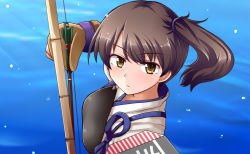 Rule 34 | 10s, 1girl, arrow (projectile), bow (weapon), brown eyes, brown gloves, brown hair, flight deck, from above, gloves, japanese clothes, kaga (kancolle), kantai collection, mono60, mono (mono60), muneate, ocean, partially fingerless gloves, partly fingerless gloves, short hair, side ponytail, solo, tasuki, upper body, weapon, yugake