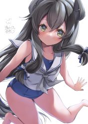 Rule 34 | 1girl, absurdres, artist name, bare arms, bare legs, bare shoulders, barefoot, black hair, blue one-piece swimsuit, blush, closed mouth, collarbone, dated, green eyes, grey neckerchief, hair between eyes, headgear, highres, i-47 (kancolle), kantai collection, long hair, mashiro yukiya, neckerchief, one-piece swimsuit, sailor collar, sailor shirt, school swimsuit, shirt, sidelocks, signature, simple background, sleeveless, sleeveless shirt, solo, swimsuit, white background, white sailor collar