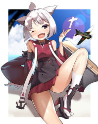 Rule 34 | 1girl, ;d, aircraft, airplane, anchor, animal ears, azur lane, black footwear, black skirt, blue sky, blurry, blurry background, blush, cloud, cloudy sky, commentary request, day, depth of field, detached sleeves, fang, flight deck, head tilt, japanese clothes, kimono, kneehighs, kurogoma (haruhi3), long sleeves, looking at viewer, one eye closed, open mouth, outdoors, platform footwear, platform heels, pleated skirt, red kimono, red skirt, sandals, shikigami, short hair, short kimono, shouhou (azur lane), skirt, sky, smile, socks, solo, sunlight, tabi, white hair, white socks, wide sleeves, zouri