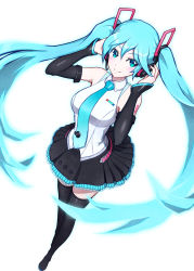 Rule 34 | 1girl, akashingo (rotampel), aqua eyes, aqua hair, aqua necktie, bad id, bad pixiv id, bare shoulders, black skirt, black sleeves, black thighhighs, boots, breasts, detached sleeves, dutch angle, foreshortening, from above, full body, hair ornament, hands on headphones, hatsune miku, hatsune miku (vocaloid4), headphones, headset, highres, long hair, looking at viewer, medium breasts, miniskirt, necktie, pleated skirt, shirt, shoulder tattoo, skirt, sleeveless, sleeveless shirt, smile, solo, standing, tattoo, thigh boots, thighhighs, twintails, v4x, very long hair, vocaloid, white background, white shirt, zettai ryouiki