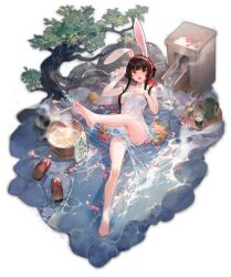 Rule 34 | 1girl, animal ears, artist request, blunt bangs, breasts, brown hair, cup, from above, highres, kaguyahime (mahjong soul), looking at viewer, lying, mahjong soul, medium breasts, naked towel, official art, on back, onsen, partially submerged, petals, petals on liquid, rabbit ears, red eyes, rock, solo, teacup, teapot, towel, transparent background, tree, water