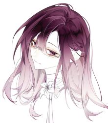 1girl asymmetrical_bangs from_side glasses gradient_hair hair_behind_ear hair_between_eyes heizhima_hubutian highres long_hair looking_at_viewer looking_to_the_side mismatched_pupils multicolored_hair neck_flower path_to_nowhere portrait purple_eyes purple_hair rimless_eyewear shalom_(path_to_nowhere) sideways_glance simple_background smile solo symbol-shaped_pupils triangle-shaped_pupils white_background white_hair