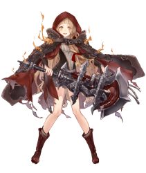 Rule 34 | 1girl, :d, belt, blonde hair, boots, cloak, dress, eyes visible through hair, full body, hair ribbon, holding, holding weapon, hood, hood up, ji no, long hair, looking at viewer, mace, official art, open mouth, orange hair, red riding hood (sinoalice), ribbon, sinoalice, smile, solo, teeth, torn cloak, torn clothes, transparent background, upper teeth only, weapon