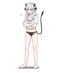 Rule 34 | 1girl, :d, puff of air, anyan (jooho), black panties, blue eyes, crossed arms, fang, full body, grey hair, highres, horns, long hair, no pants, open mouth, panties, pointy ears, shirt, simple background, skin fang, smile, solo, standing, tail, underwear, vei (vtuber), virtual youtuber, vshojo, white background, white shirt