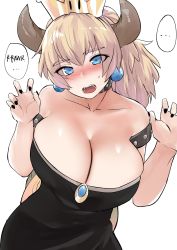 Rule 34 | armlet, black dress, black nails, blonde hair, blush, borrowed design, bowsette, bracelet, breasts, cleavage, collar, crown, dress, earrings, fangs, gender request, genderswap, highres, horns, jewelry, mario (series), nail polish, new super mario bros. u deluxe, nintendo, norman maggot, pointy ears, simple background, solo, spiked armlet, spiked bracelet, spiked collar, spiked shell, spiked tail, spikes, strapless, strapless dress, super crown, tail, turtle shell, white background