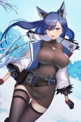 Rule 34 | 1girl, absurdres, animal ear fluff, animal ears, belt pouch, black gloves, blue hair, breasts, covered collarbone, dress, echocalypse, fenriru (echocalypse), fur-trimmed jacket, fur trim, gloves, gold necklace, hair between eyes, hair ornament, hairclip, highres, jacket, jewelry, large breasts, long hair, necklace, open clothes, open jacket, open mouth, pouch, ribbed dress, snow, solo, thighhighs, zen (lemon yellow), zipper
