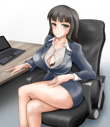 Rule 34 | 1girl, absurdres, black hair, bra visible through clothes, breasts, brown eyes, bursting breasts, chair, cleavage, computer, crossed legs, e gs310, formal, girls und panzer, highres, laptop, large breasts, long hair, looking at viewer, mature female, nishizumi shiho, office chair, office lady, sitting, solo, swivel chair, thighs