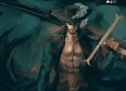 Rule 34 | 1boy, abs, black hair, chinstrap, dracule mihawk, facial hair, hat, male focus, messer (weapon), muscular, mustache, one piece, open clothes, open shirt, popped collar, shirt, solo, sword, weapon, yellow eyes, yoru (one piece)