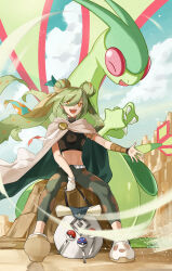 Rule 34 | 1girl, absurdres, bag, bandaged arm, bandages, cape, claws, creatures (company), crocs, crop top, desert, double bun, dragon, fangs, flygon, game freak, gen 3 pokemon, gloves, great ball, green hair, ground miku (project voltage), hair between eyes, hair bun, hatsune miku, highres, long hair, midriff, nintendo, open mouth, orange eyes, p9 nai, pants, poke ball, pokemon, pokemon (creature), project voltage, rock, sand, single glove, sitting, sitting on rock, smile, twintails, very long hair, vocaloid, white gloves