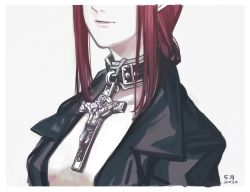 Rule 34 | 1girl, black coat, braid, braided ponytail, breasts, chainsaw man, coat, collared shirt, cross, crucifix, crucifixion, lc.kid, long coat, long hair, long sleeves, makima (chainsaw man), red hair, rosary, shirt, smile, solo, white background, white shirt