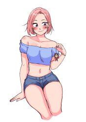 Rule 34 | 1girl, absurdres, akiosketch, arm support, bare shoulders, blue nails, blue shorts, blush, breasts, closed mouth, collarbone, crop top, denim, denim shorts, earrings, emma (akiosketch), highres, hoop earrings, jewelry, navel, original, pink hair, purple eyes, short hair, short sleeves, shorts, simple background, sitting, small breasts, smile, solo, white background