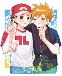 Rule 34 | 2boys, ;), arm around neck, black shirt, blue oak, buttons, closed mouth, collared shirt, commentary request, creatures (company), game freak, green pants, hand up, hat, highres, male focus, mochi (mocchi p 2m), multiple boys, nintendo, one eye closed, pants, pokemon, pokemon sm, red (pokemon), red hat, shirt, short hair, short sleeves, smile, spiked hair, t-shirt, v, white shirt