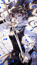 Rule 34 | 1girl, blue eyes, brown hair, brown vest, commentary, cowboy shot, earrings, floating hair, gem, hair ornament, highres, holding, holding sword, holding weapon, jewelry, long hair, long sleeves, looking at viewer, multiple rings, nardack, neck ruff, necklace, original, parted lips, petals, puffy long sleeves, puffy sleeves, rapier, sheath, shirt, signature, solo, sword, underbust, unsheathing, vest, weapon, white shirt