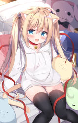 Rule 34 | 1girl, :d, animal ear fluff, animal ears, bell, black thighhighs, blonde hair, blue eyes, blush, cat ears, cat girl, cat tail, collar, collarbone, commentary request, couch, drawstring, fang, feet out of frame, gluteal fold, hair between eyes, hair bobbles, hair ornament, highres, hood, hood down, hoodie, indoors, jingle bell, knees together feet apart, kujou danbo, long hair, looking at viewer, moneko-chan, neck bell, hugging object, on couch, open mouth, original, red collar, sitting, smile, solo, stuffed animal, stuffed cat, stuffed rabbit, stuffed toy, tail, thighhighs, twintails, very long hair, white hoodie