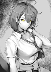 Rule 34 | 1girl, ahoge, azur lane, bag, baltimore (after-school ace) (azur lane), baltimore (azur lane), black choker, braid, breasts, cardigan, cardigan around waist, choker, cleavage, closed mouth, clothes around waist, collared shirt, earrings, greyscale, hair behind ear, highres, jewelry, large breasts, loose necktie, monochrome, necktie, official alternate costume, partially unbuttoned, school bag, shirt, short hair, short sleeves, side braid, sweater, sweater around waist, tied sweater, uniform, white shirt, x-kulon, yellow eyes