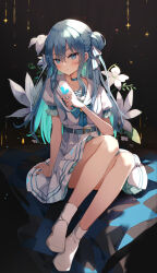 Rule 34 | 1girl, aqua belt, aqua eyes, arm support, belt, black hair, blue butterfly, blue eyes, blue hair, blue neckerchief, blush, bug, butterfly, closed mouth, colored inner hair, commentary request, double bun, flower, full body, hair bun, highres, hololive, hoshimachi suisei, hoshimachi suisei (school uniform), insect, lily (flower), long hair, looking at viewer, miakiuehashi, multicolored hair, neckerchief, no shoes, pleated skirt, sailor collar, school uniform, serafuku, shirt, short sleeves, simple background, skirt, smile, solo, virtual youtuber, white sailor collar, white serafuku, white shirt, white skirt