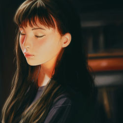 Rule 34 | 1girl, blurry, blurry background, brown hair, closed eyes, commentary, english commentary, long hair, original, portrait, realistic, rotisusu, solo