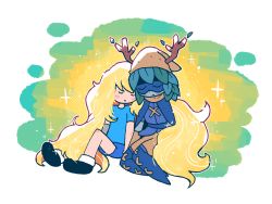 Rule 34 | 1boy, 1girl, adventure time, antlers, blonde hair, blue shirt, blue shorts, blush, boots, closed eyes, closed mouth, colored sclera, colored skin, domino mask, finn the human, gloves, green eyes, green hair, green sclera, green skin, hat, highres, horns, huntress wizard, leaf, long hair, mask, mechanical arms, plant hair, rariatto (ganguri), shirt, shorts, simple background, single glove, single mechanical arm, sitting, very long hair