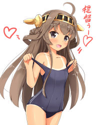 Rule 34 | 10s, 1girl, :d, aged down, ahoge, aikawa ryou, blue one-piece swimsuit, brown hair, cowboy shot, double bun, hair bun, hairband, headgear, heart, highres, kantai collection, kongou (kancolle), long hair, one-piece swimsuit, one-piece tan, open mouth, purple eyes, simple background, smile, solo, swimsuit, tan, tanline, translated, white background